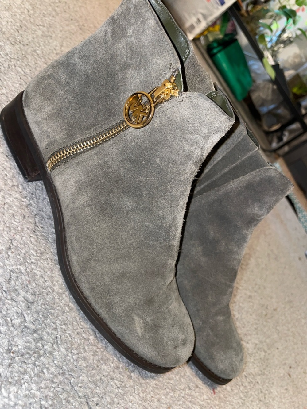 Michael Kors Grey Suede Ankle Booties with Gold MK Zip Charm